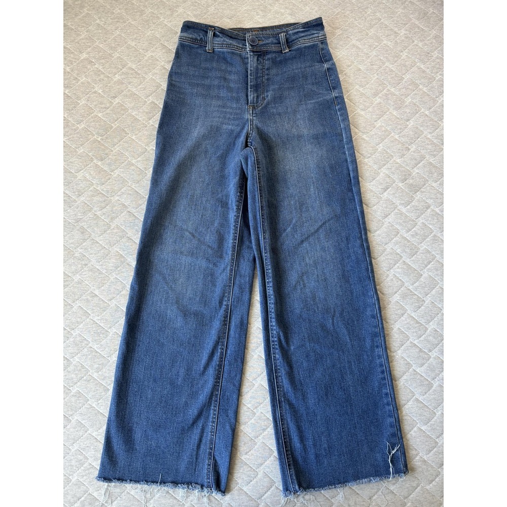 OAT New York Jeans Womens 4/27 Blue Medium Wash High Rise Wide Leg Raw Hem Denim